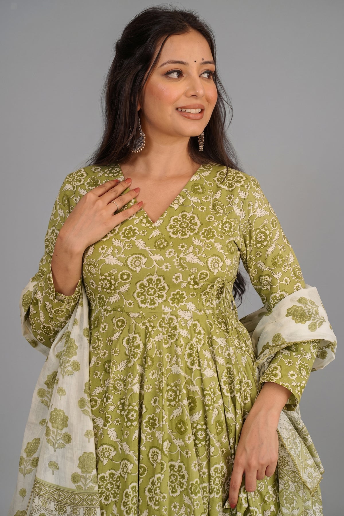 Spring Green Botanical Print Cotton Silk Flared Kurti Set