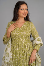 Spring Green Botanical Print Cotton Silk Flared Kurti Set