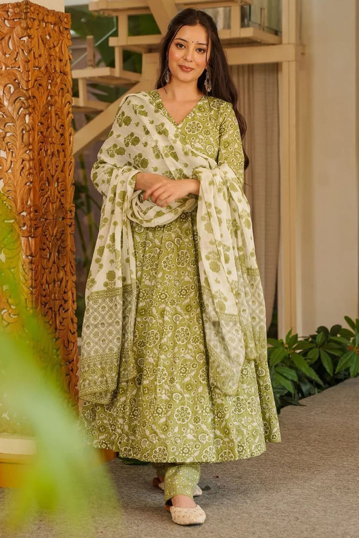 Spring Green Botanical Print Cotton Silk Flared Kurti Set