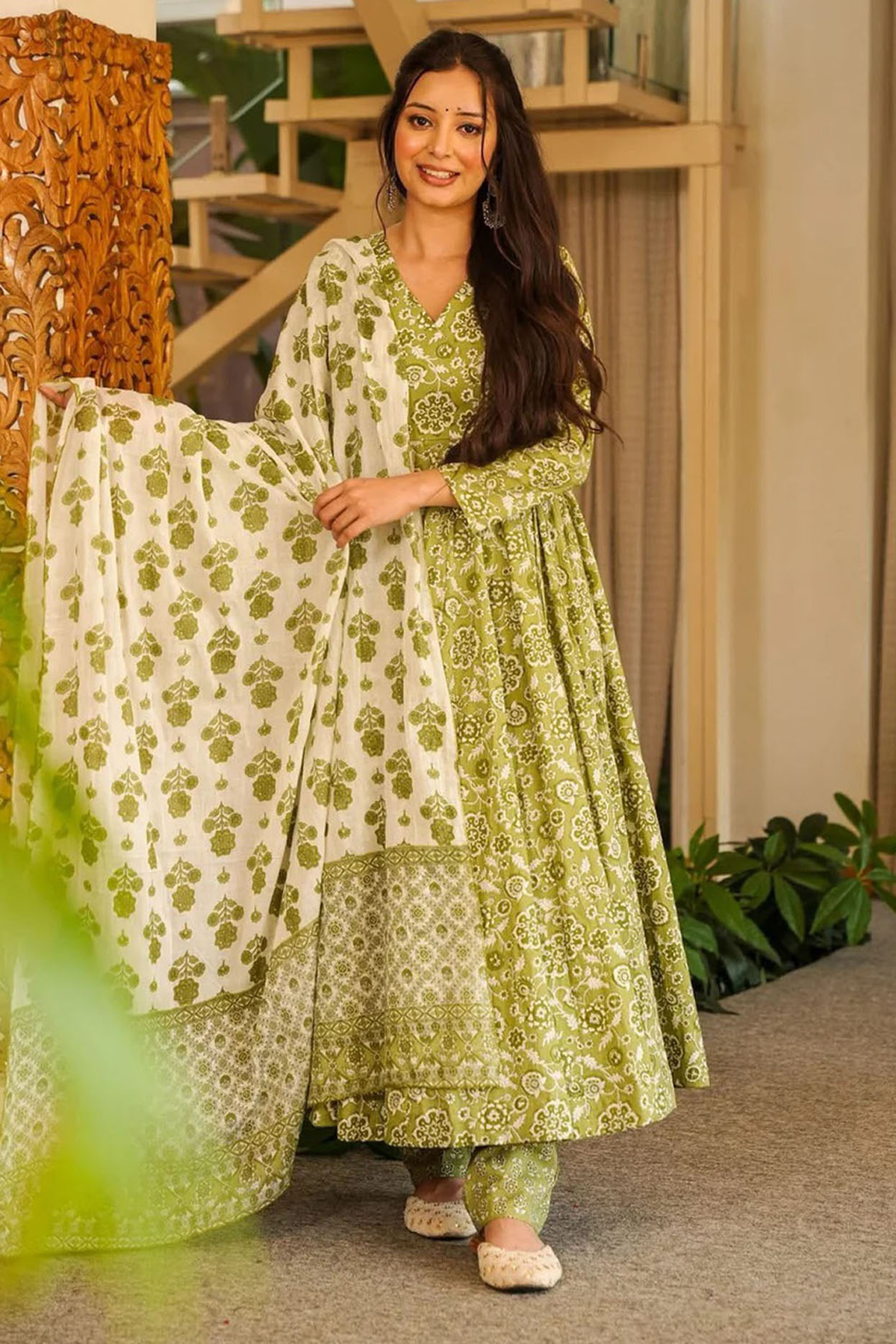 Spring Green Botanical Print Cotton Silk Flared Kurti Set