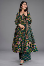 Forest Green Floral V-Neck Cotton Silk Flared Kurti Set