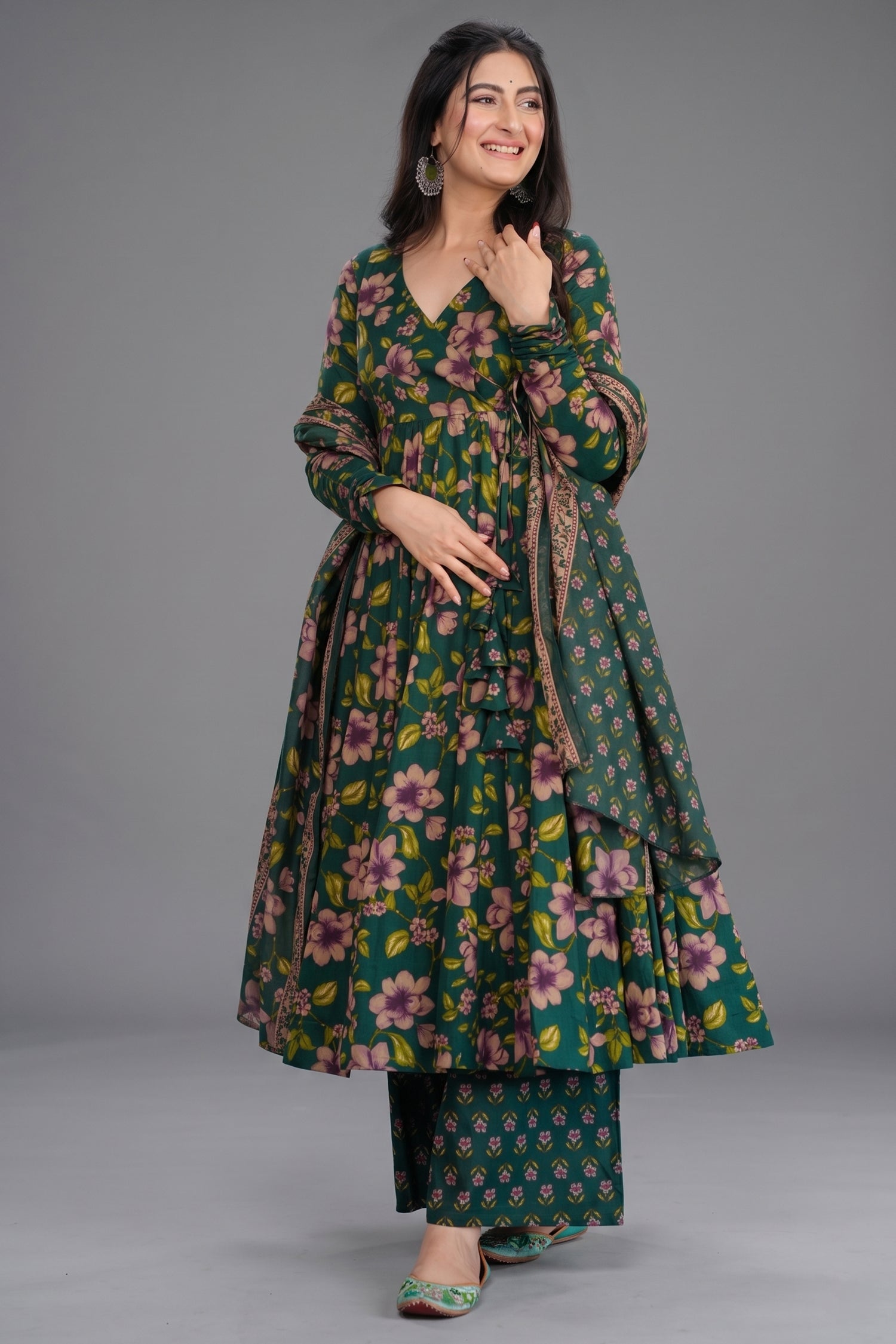 Forest Green Floral V-Neck Cotton Silk Flared Kurti Set