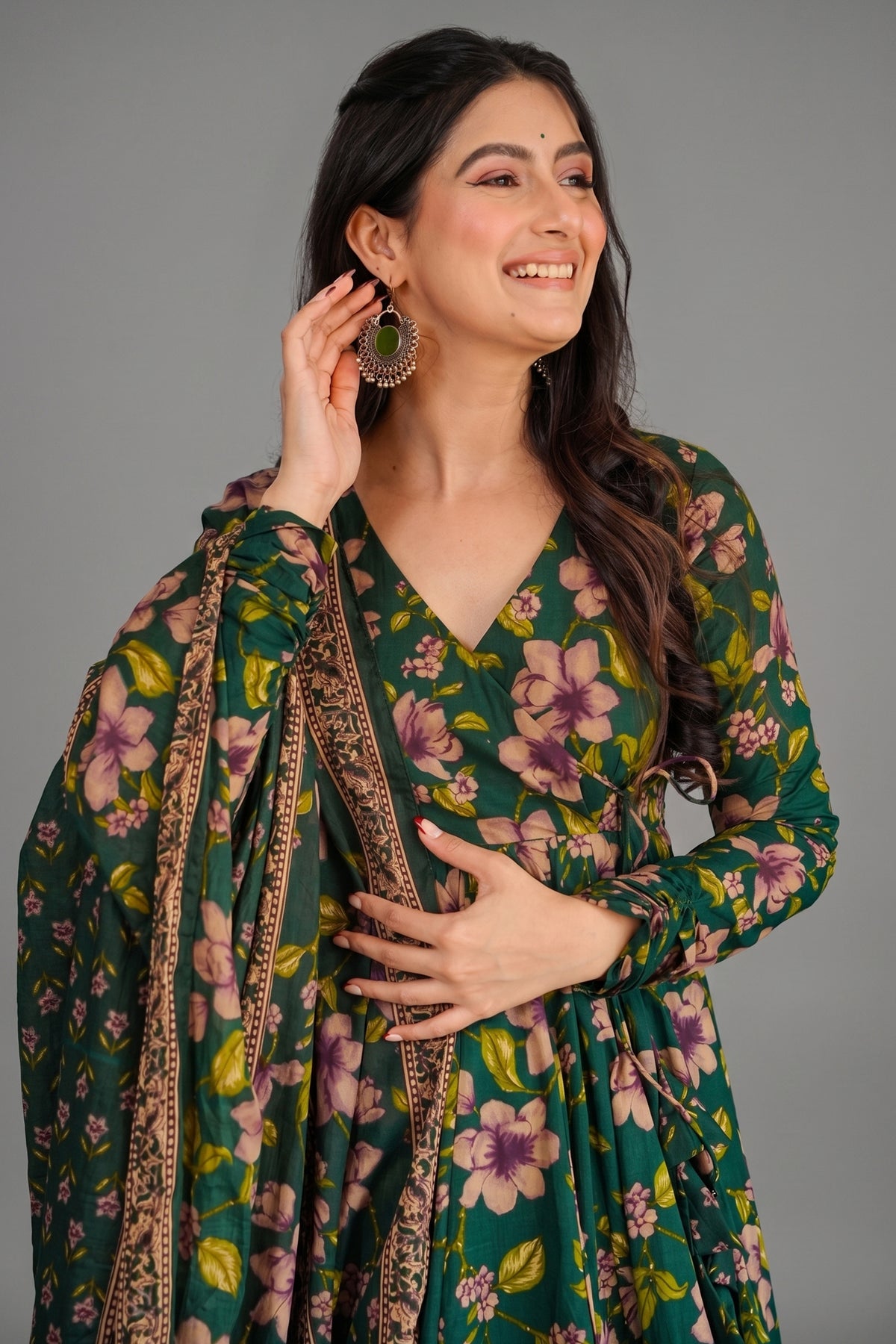 Forest Green Floral V-Neck Cotton Silk Flared Kurti Set