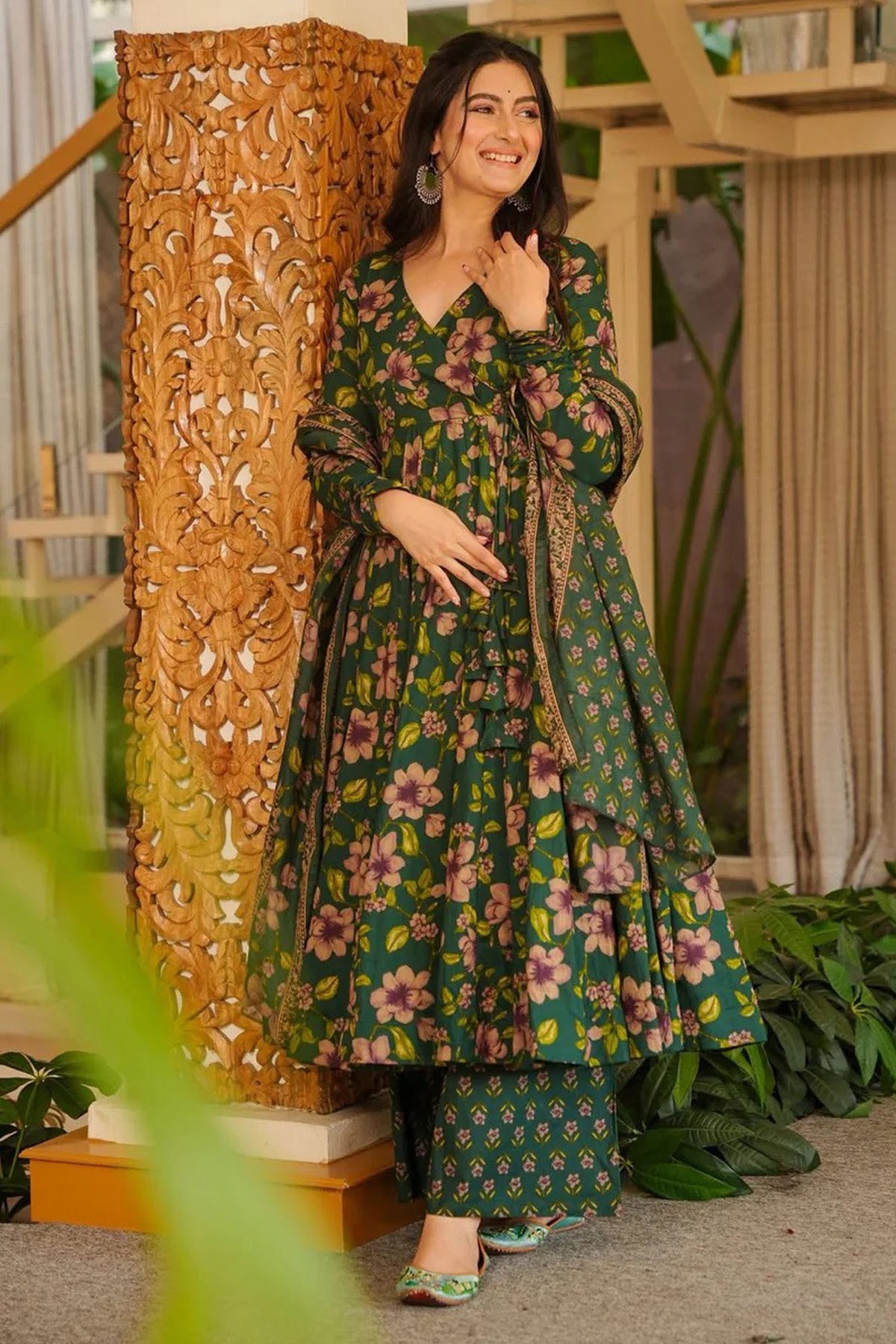 Forest Green Floral V-Neck Cotton Silk Flared Kurti Set
