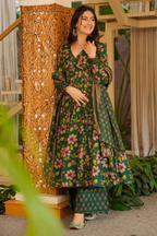 Forest Green Floral V-Neck Cotton Silk Flared Kurti Set