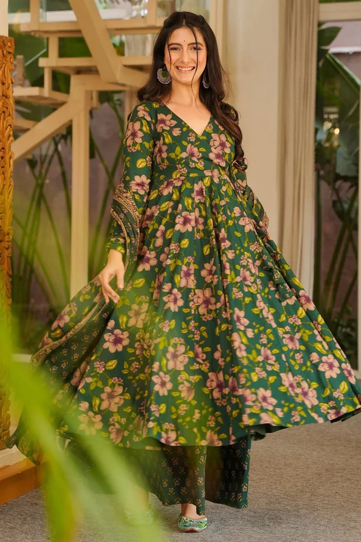 Forest Green Floral V-Neck Cotton Silk Flared Kurti Set