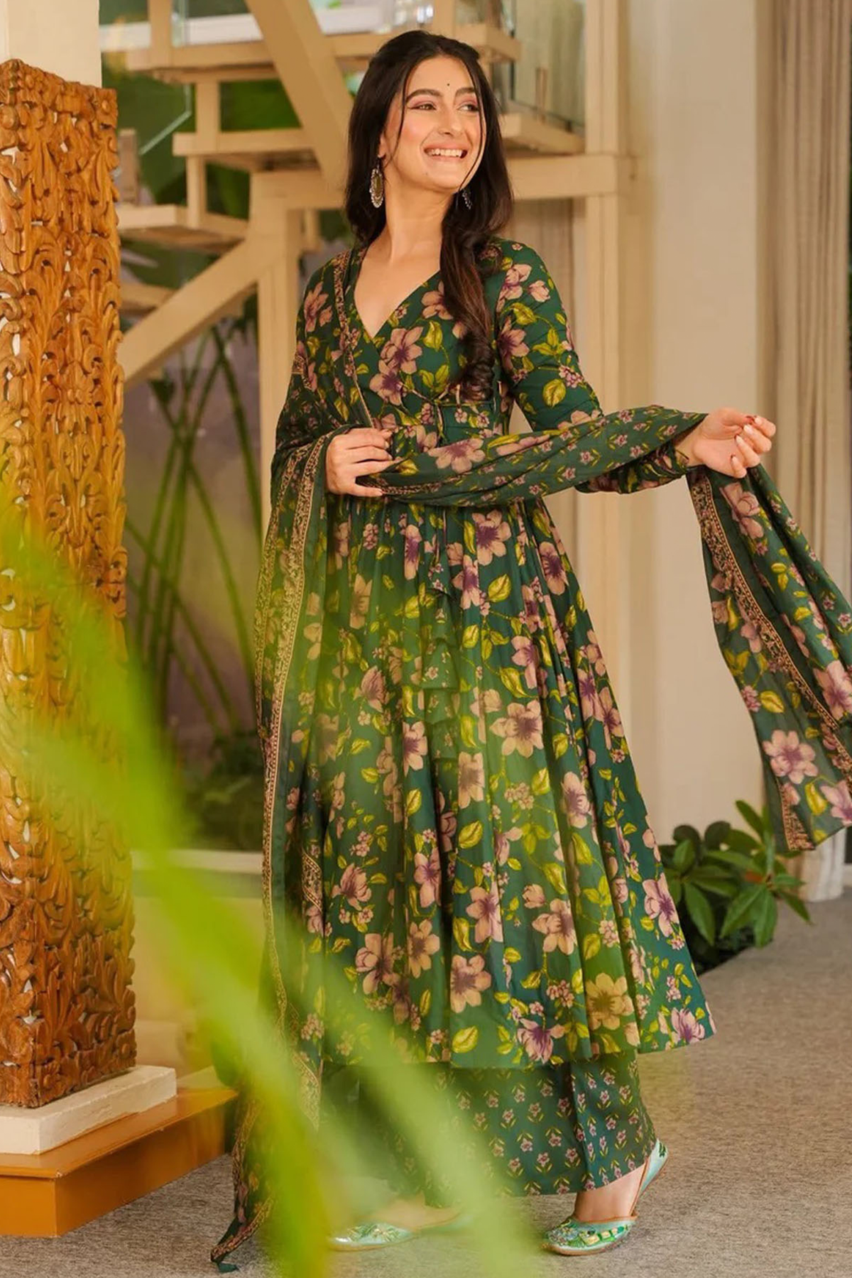 Forest Green Floral V-Neck Cotton Silk Flared Kurti Set