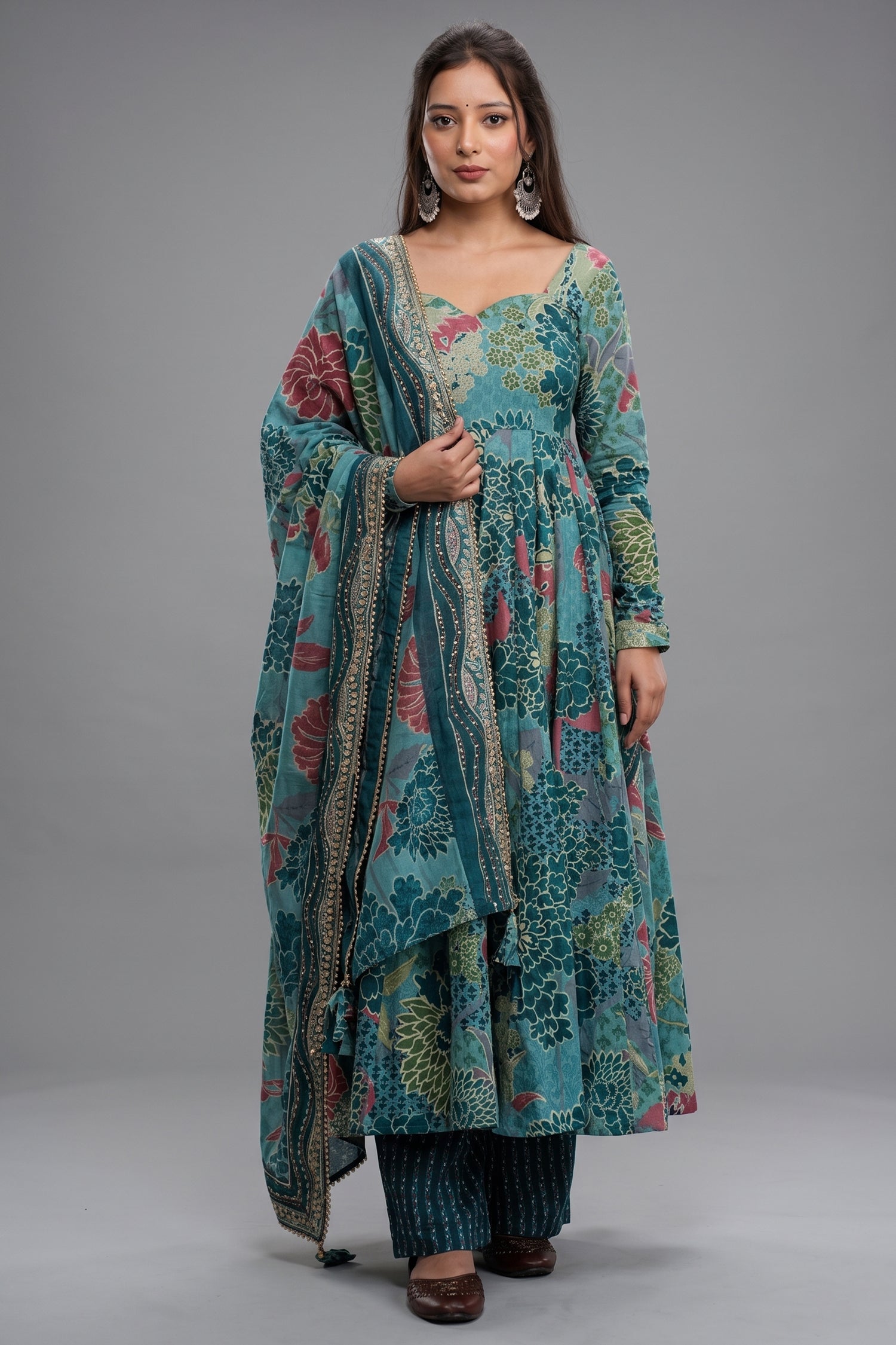 Aqua Mist Tropical Floral Flared Cotton Silk Anarkali Kurti Set