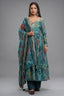 Aqua Mist Tropical Floral Flared Cotton Silk Anarkali Kurti Set