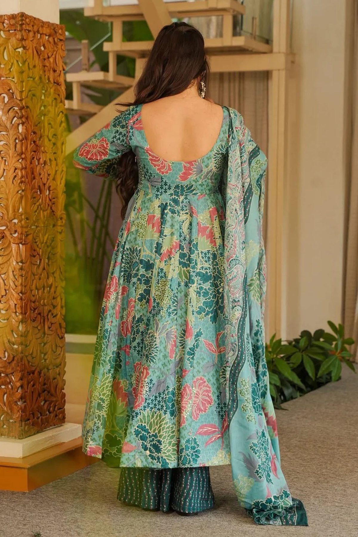 Aqua Mist Tropical Floral Flared Cotton Silk Anarkali Kurti Set