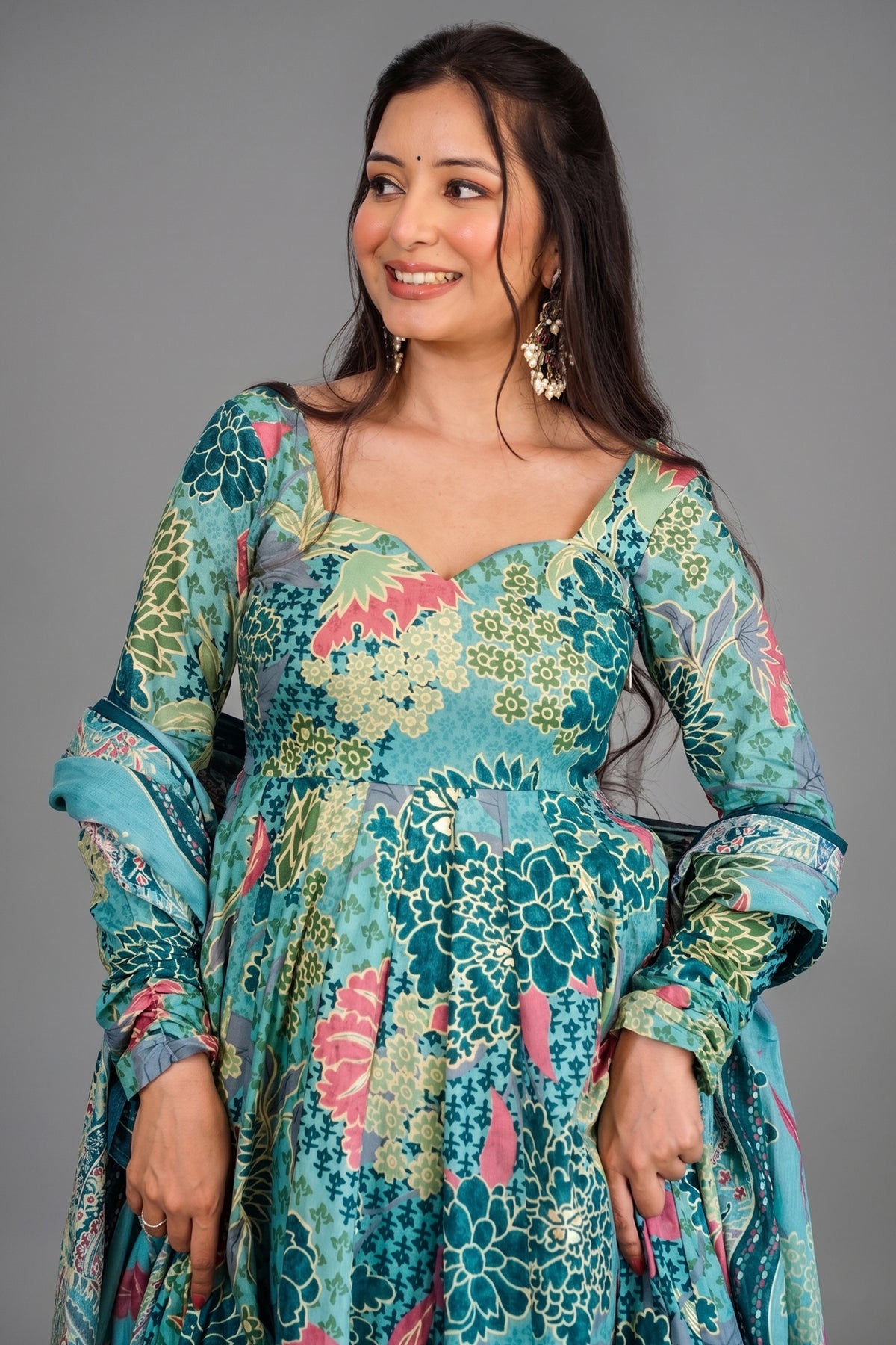 Aqua Mist Tropical Floral Flared Cotton Silk Anarkali Kurti Set