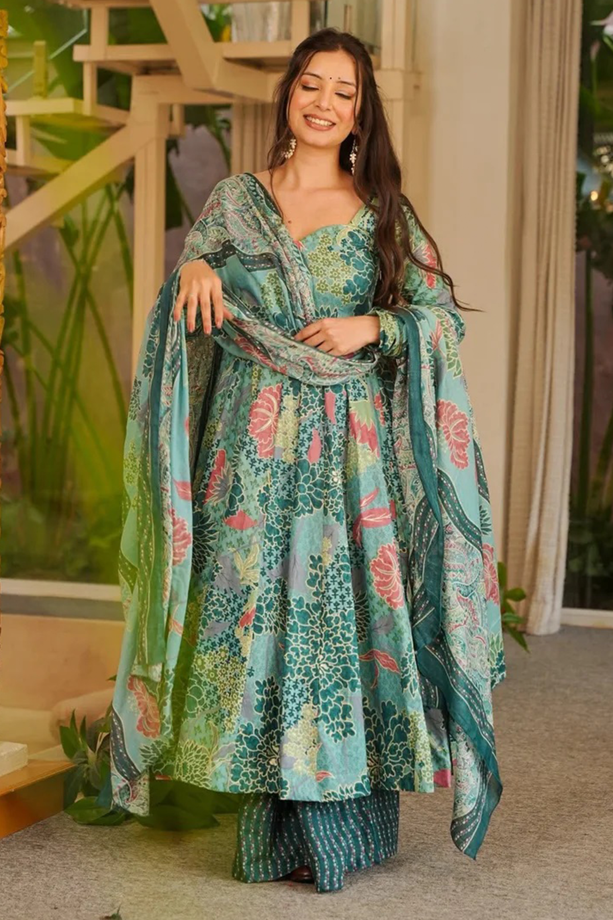Aqua Mist Tropical Floral Flared Cotton Silk Anarkali Kurti Set