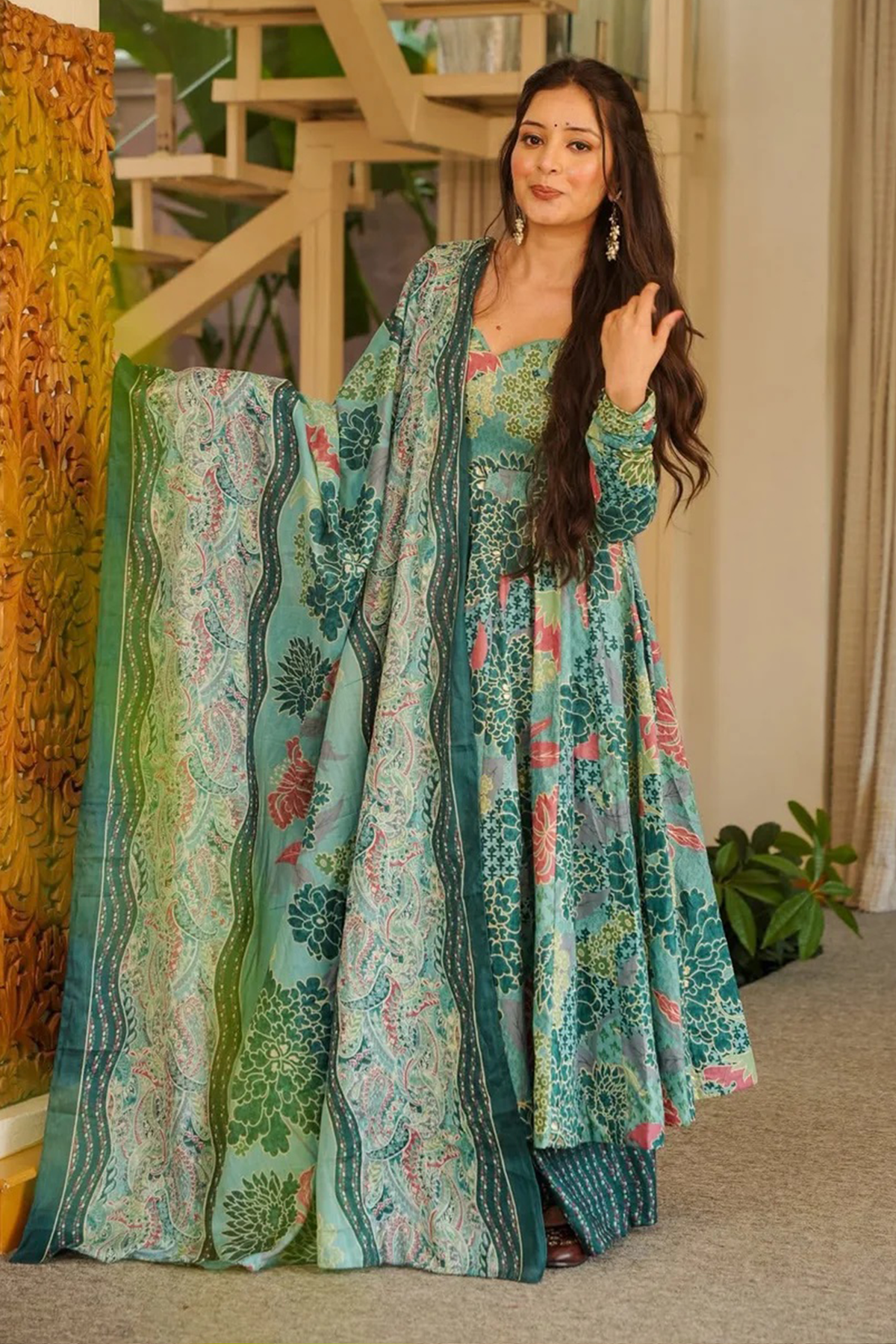 Aqua Mist Tropical Floral Flared Cotton Silk Anarkali Kurti Set