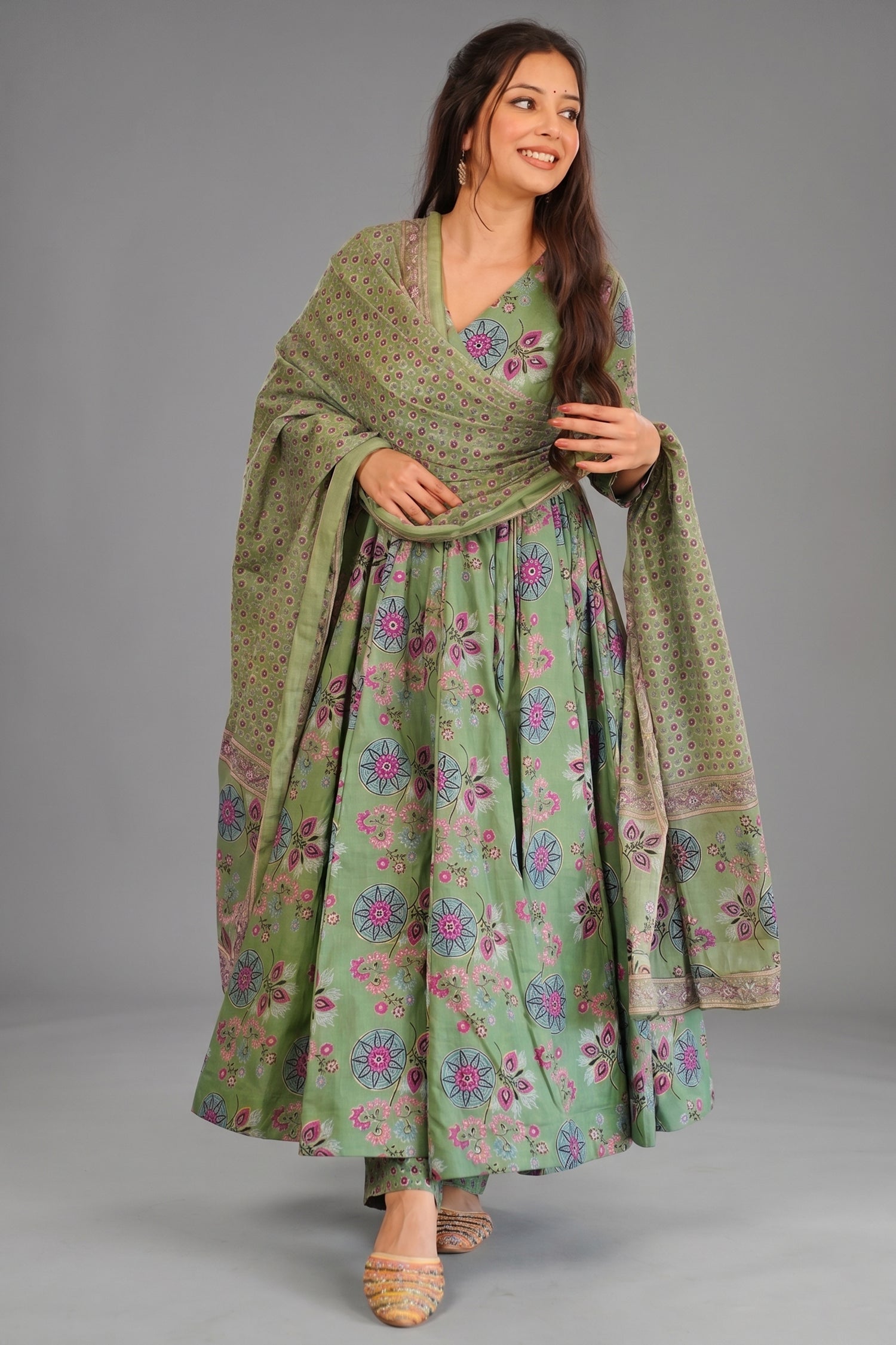 Sage Green Mandala Floral Cotton Silk Flared Anarkali Kurti Set