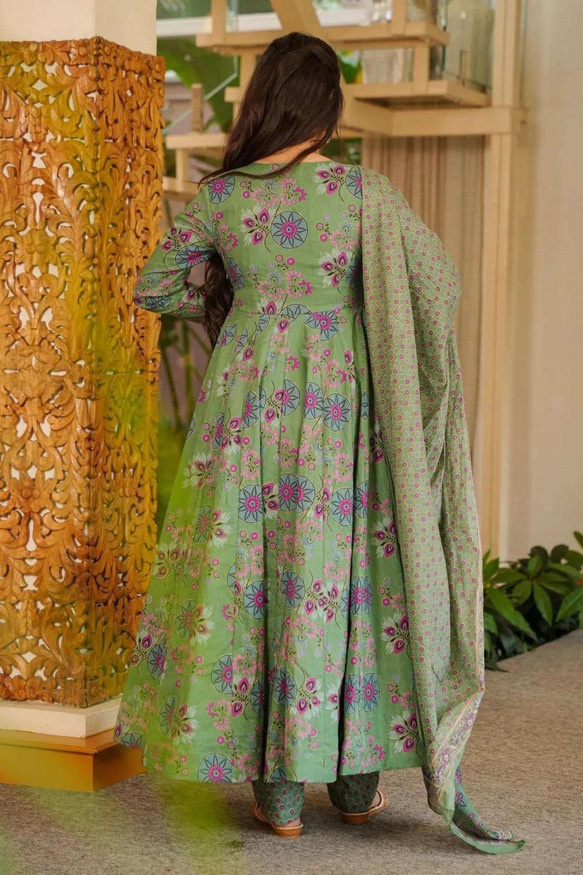 Sage Green Mandala Floral Cotton Silk Flared Anarkali Kurti Set