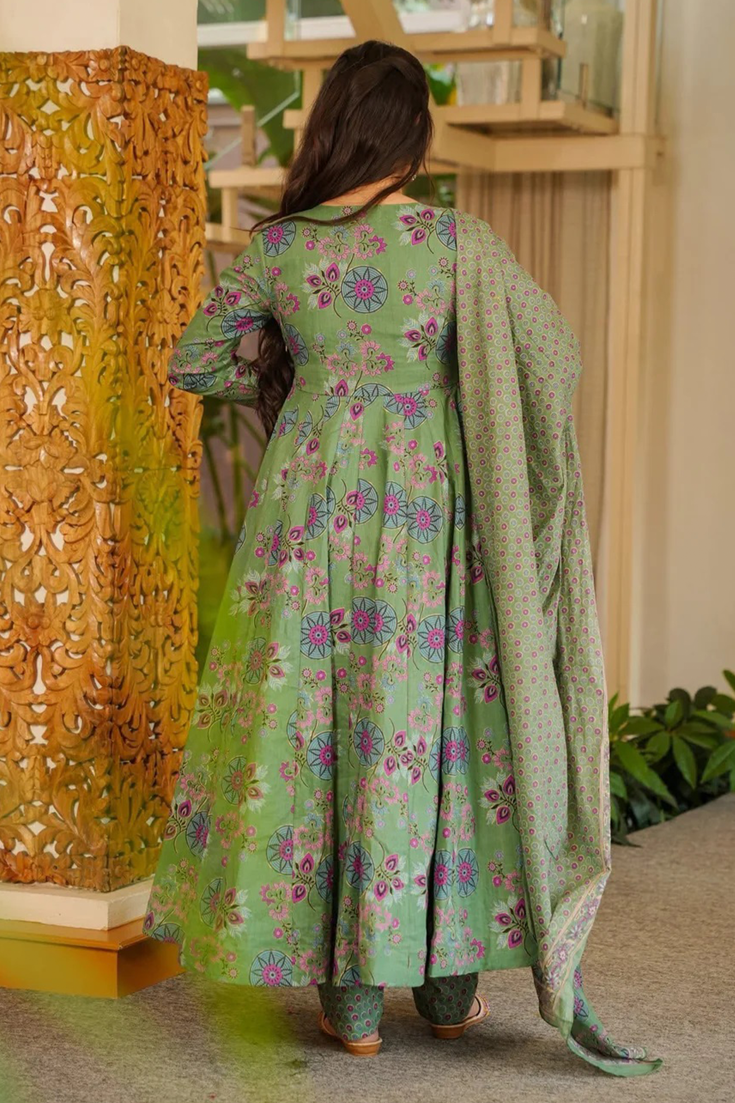 Sage Green Mandala Floral Cotton Silk Flared Anarkali Kurti Set
