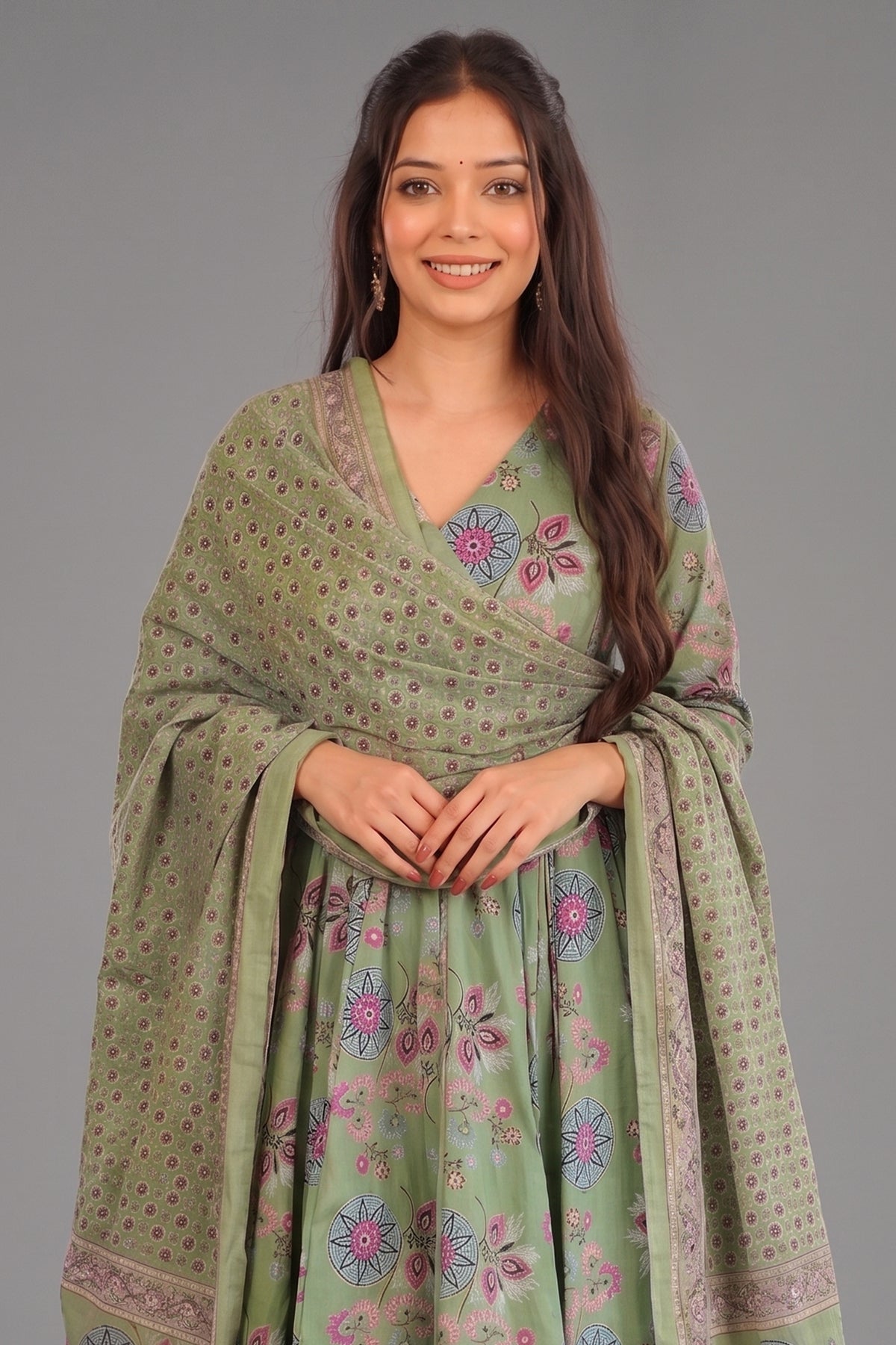 Sage Green Mandala Floral Cotton Silk Flared Anarkali Kurti Set