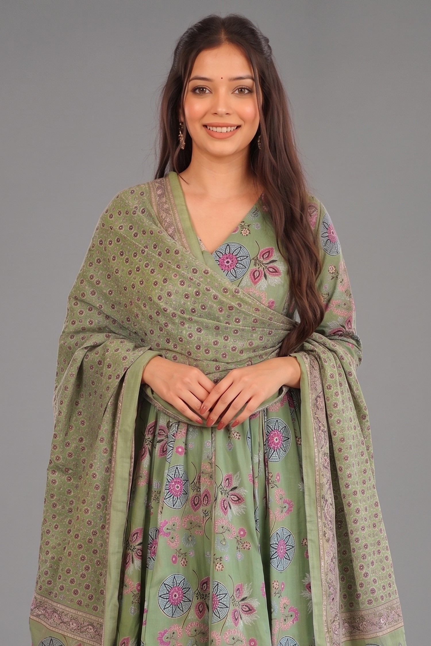 Sage Green Mandala Floral Cotton Silk Flared Anarkali Kurti Set