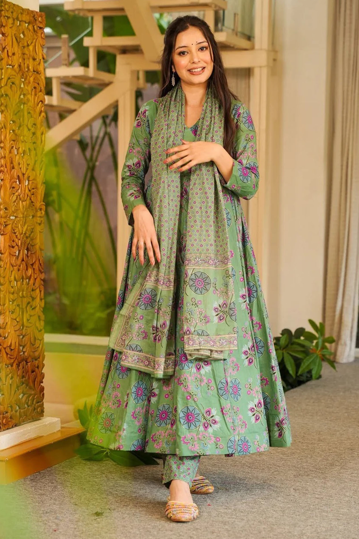 Sage Green Mandala Floral Cotton Silk Flared Anarkali Kurti Set
