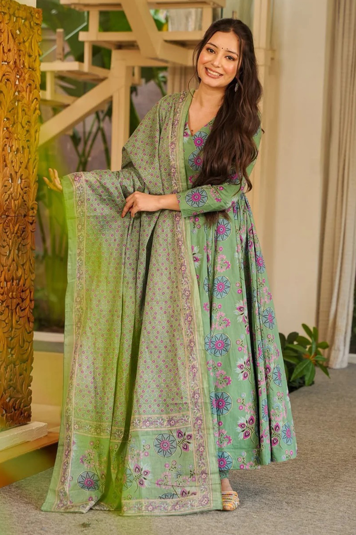 Sage Green Mandala Floral Cotton Silk Flared Anarkali Kurti Set