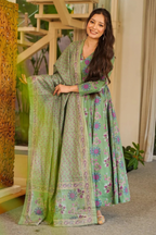 Sage Green Mandala Floral Cotton Silk Flared Anarkali Kurti Set