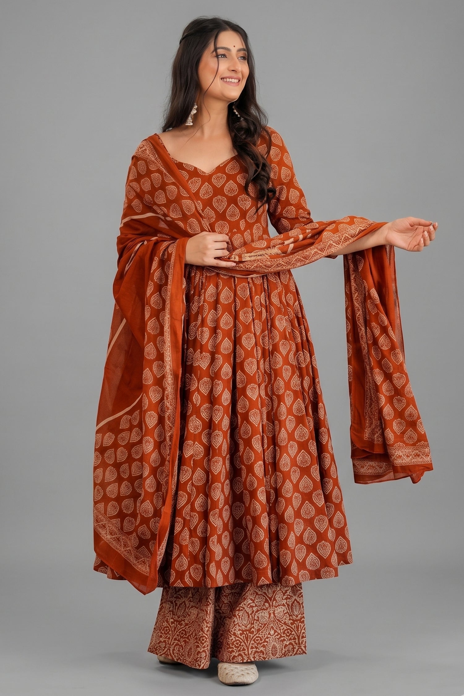 Earthy Terracotta Geometric Motif Cotton Silk Anarkali Kurti Set