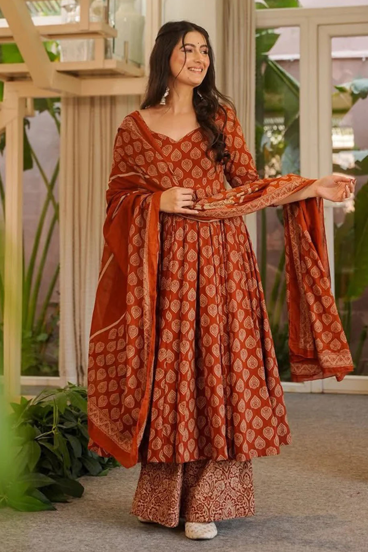 Earthy Terracotta Geometric Motif Cotton Silk Anarkali Kurti Set