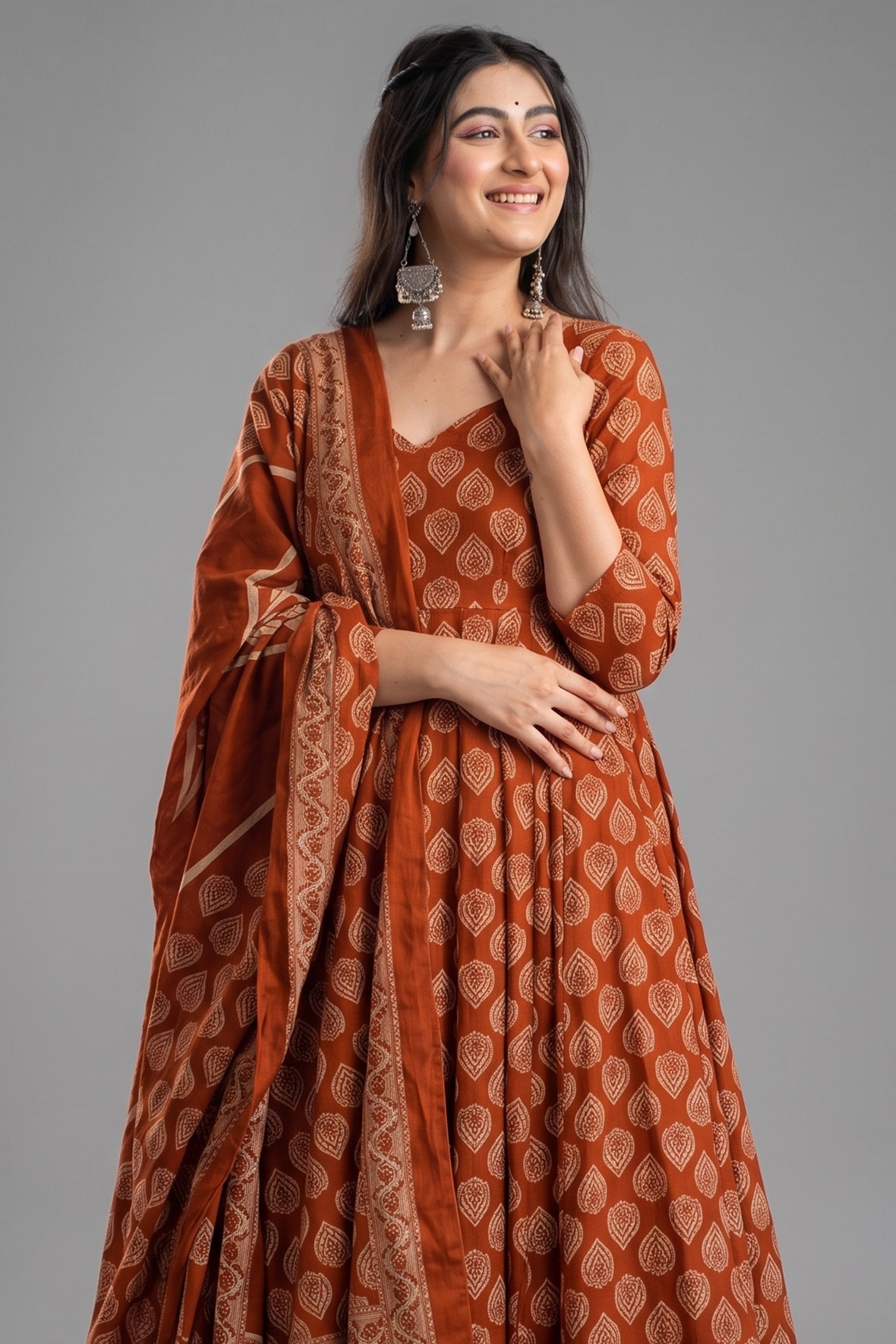 Earthy Terracotta Geometric Motif Cotton Silk Anarkali Kurti Set Secondary image