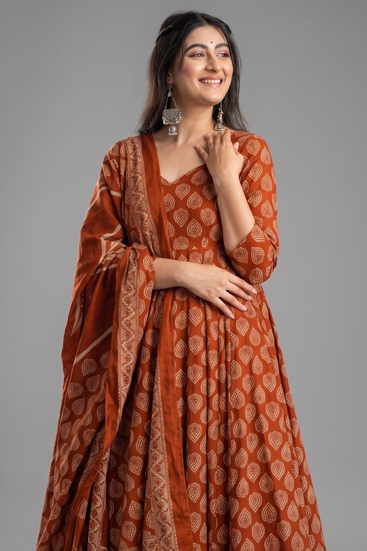 Earthy Terracotta Geometric Motif Cotton Silk Anarkali Kurti Set