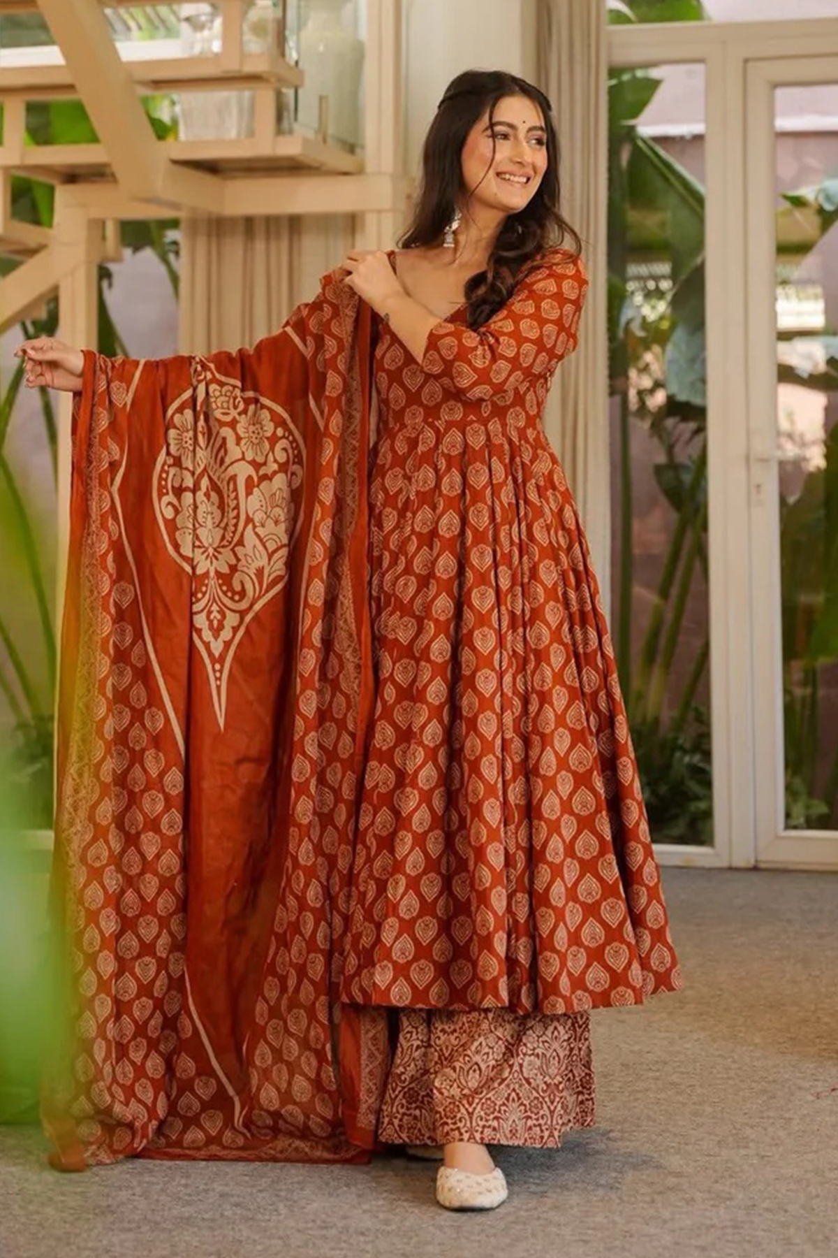 Earthy Terracotta Geometric Motif Cotton Silk Anarkali Kurti Set