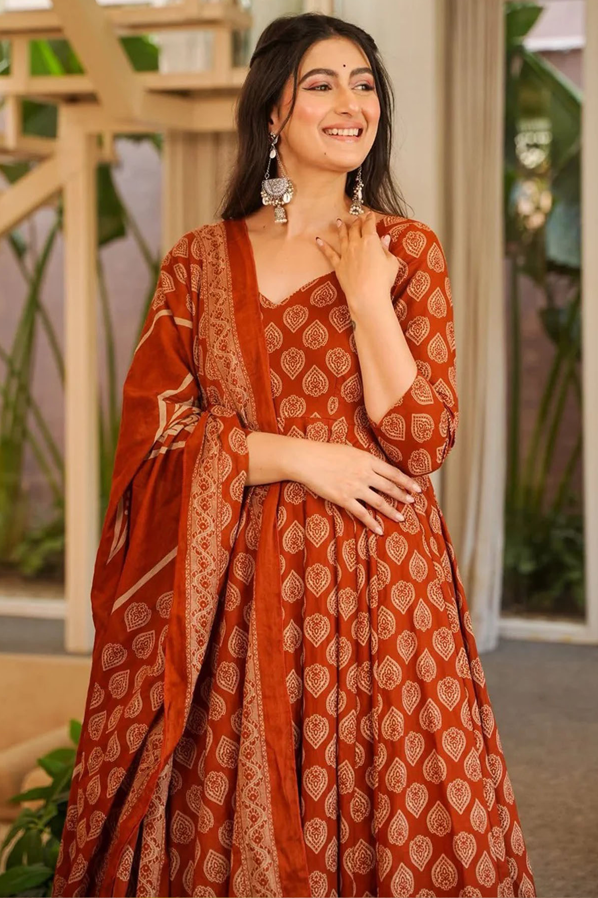Earthy Terracotta Geometric Motif Cotton Silk Anarkali Kurti Set