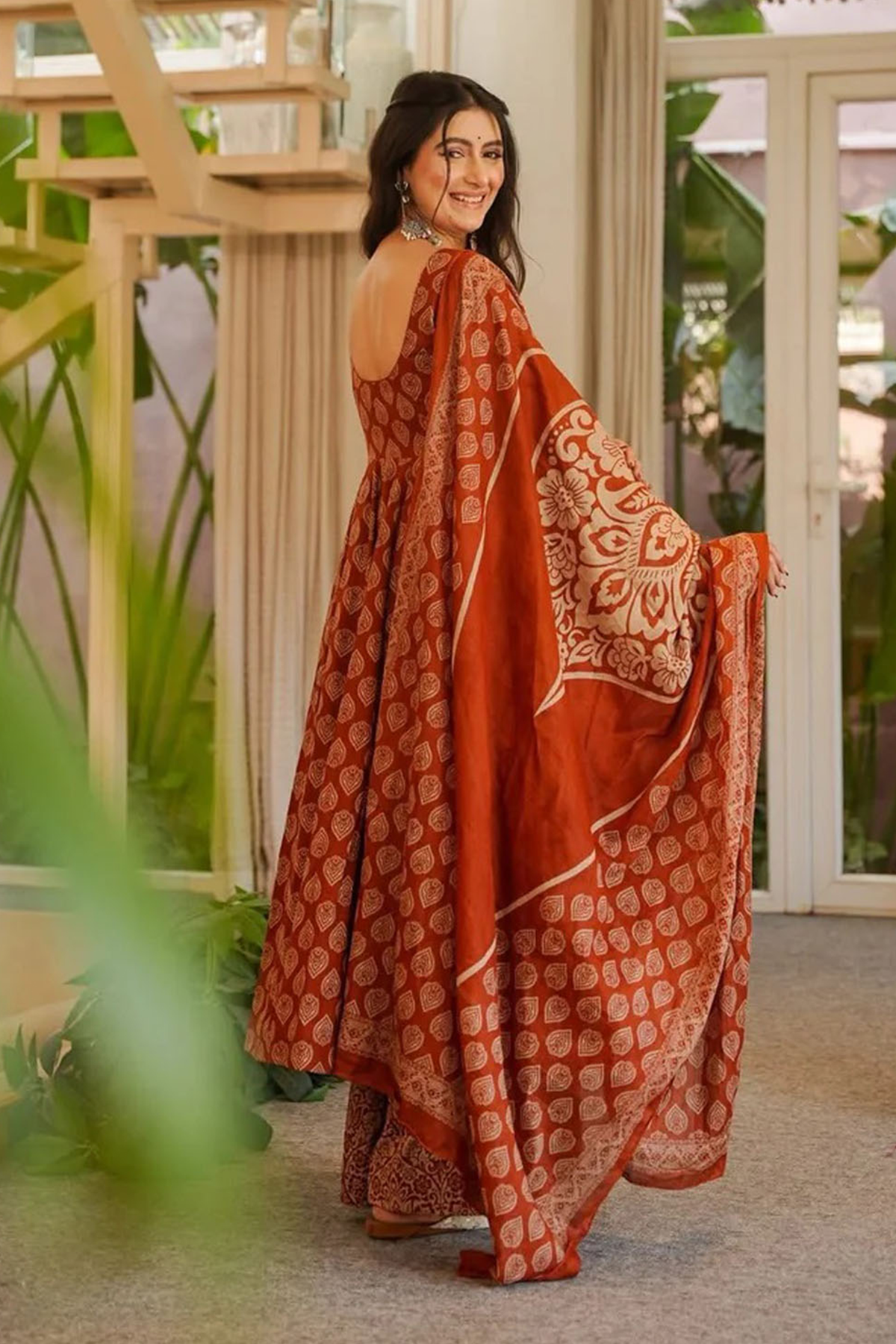 Earthy Terracotta Geometric Motif Cotton Silk Anarkali Kurti Set