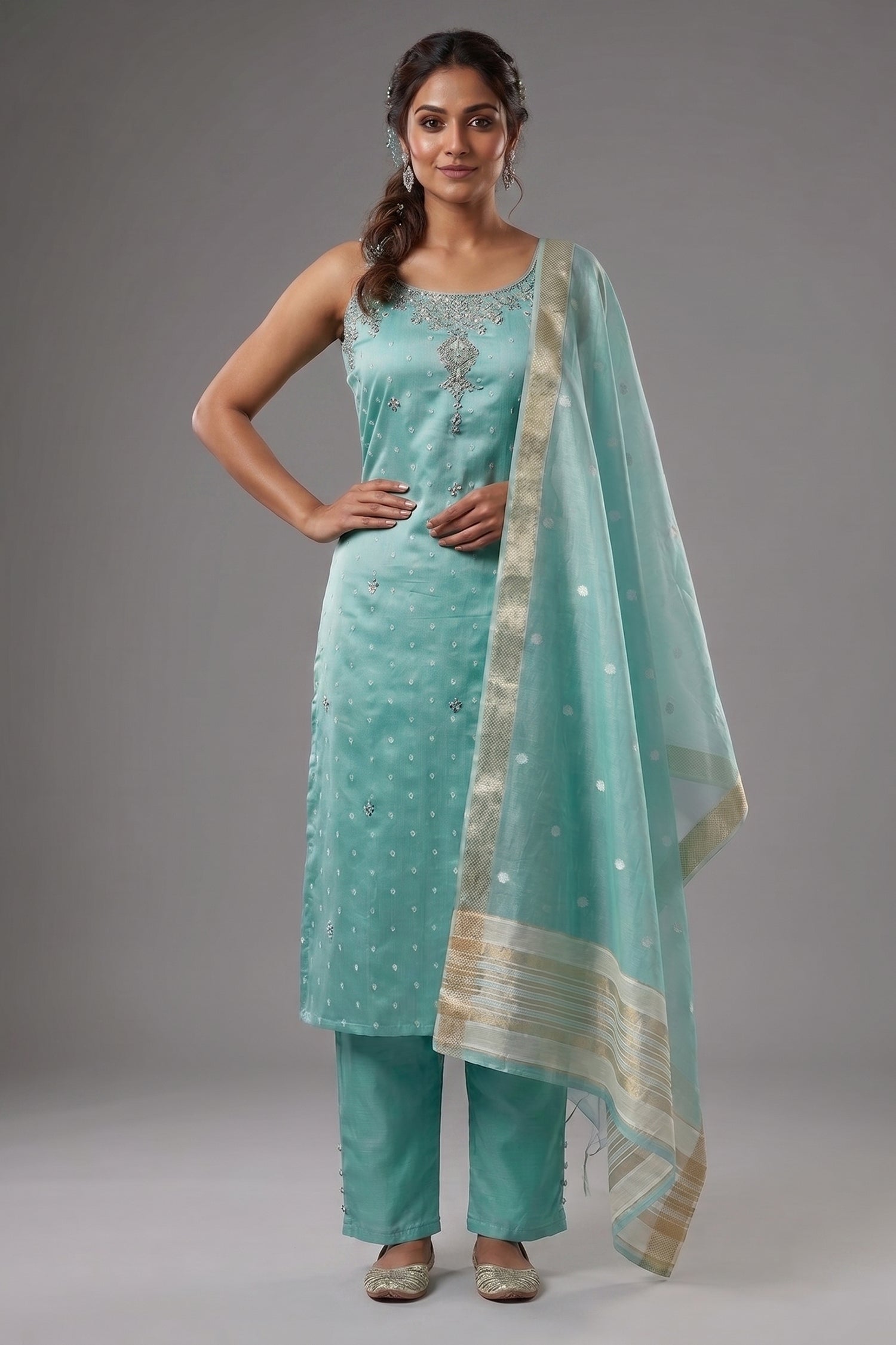 Mint Green Tissue Weaving and Mirror Worked Straight Cut Kurti Main image