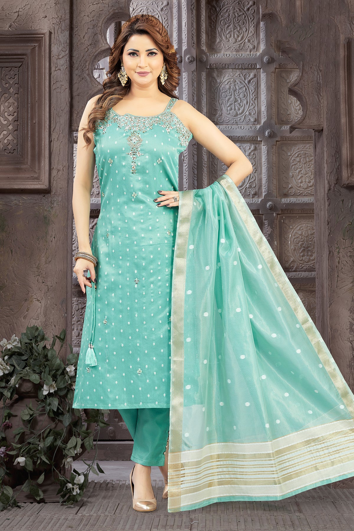 Mint Green Tissue Weaving and Mirror Worked Straight Cut Kurti