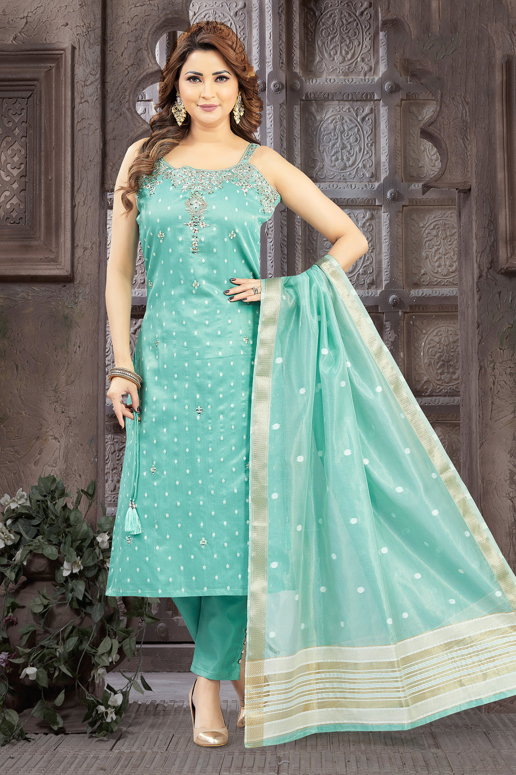Mint Green Tissue Weaving and Mirror Worked Straight Cut Kurti