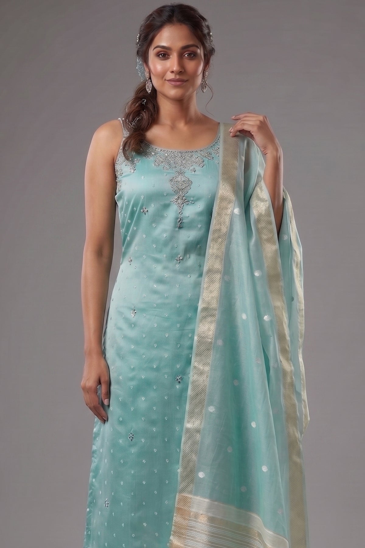 Mint Green Tissue Weaving and Mirror Worked Straight Cut Kurti