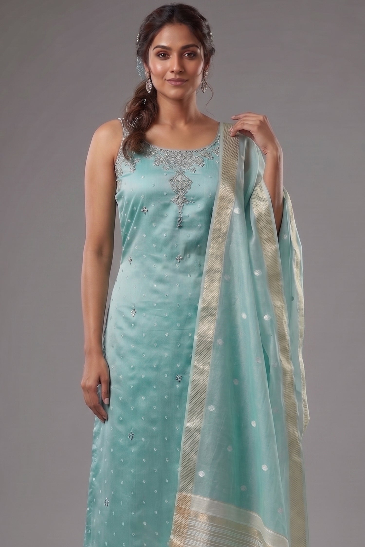 Mint Green Tissue Weaving and Mirror Worked Straight Cut Kurti
