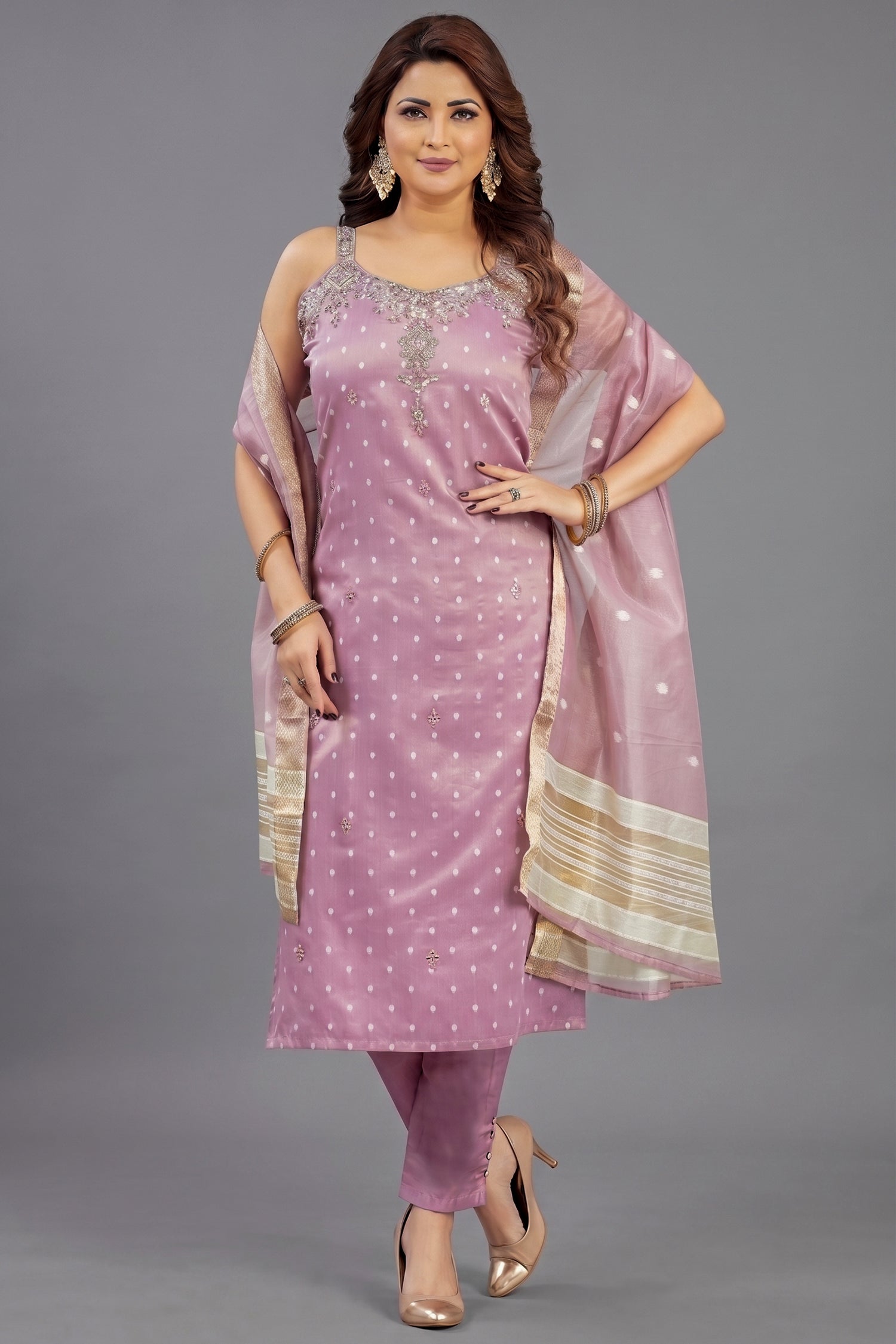 Lavender Tissue Weaving and Mirror Worked Straight Cut Kurti Main image