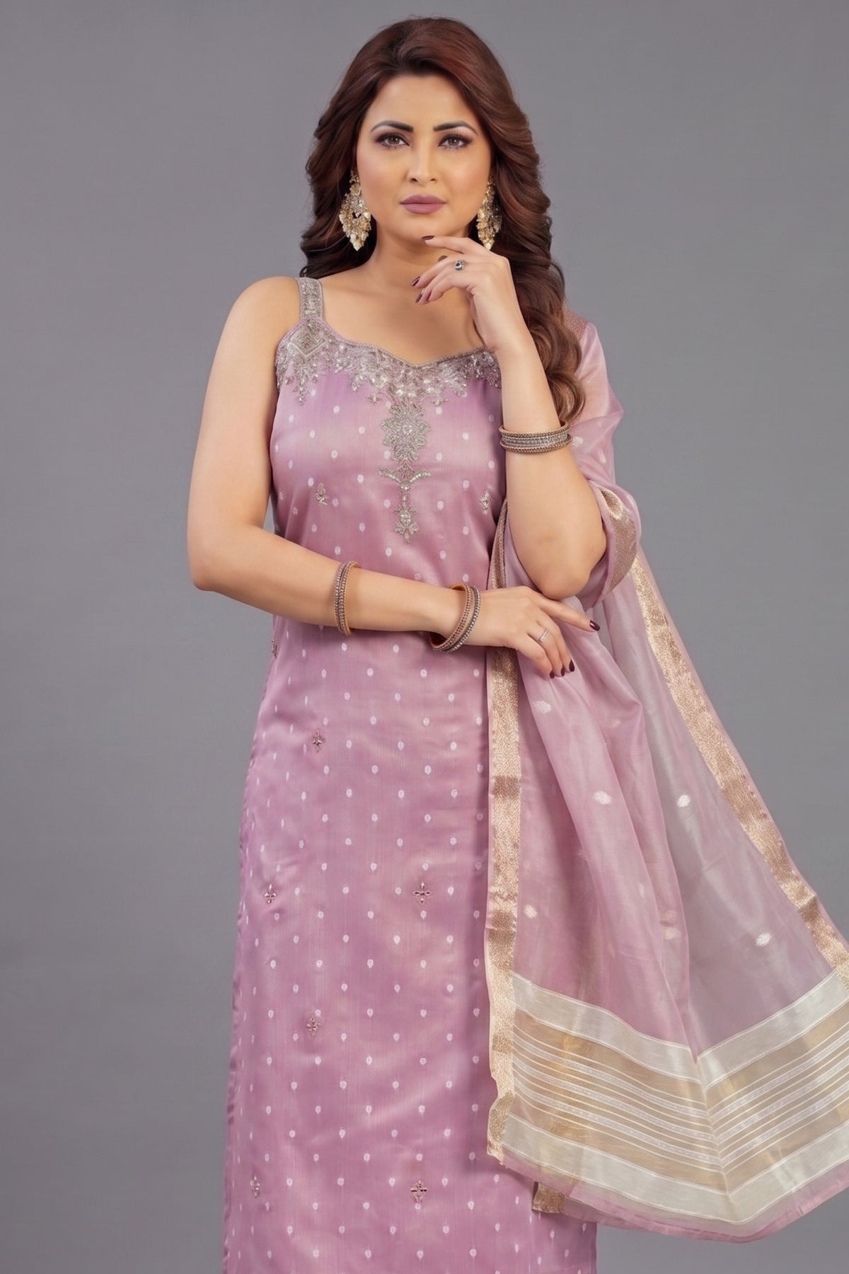 Lavender Tissue Weaving and Mirror Worked Straight Cut Kurti