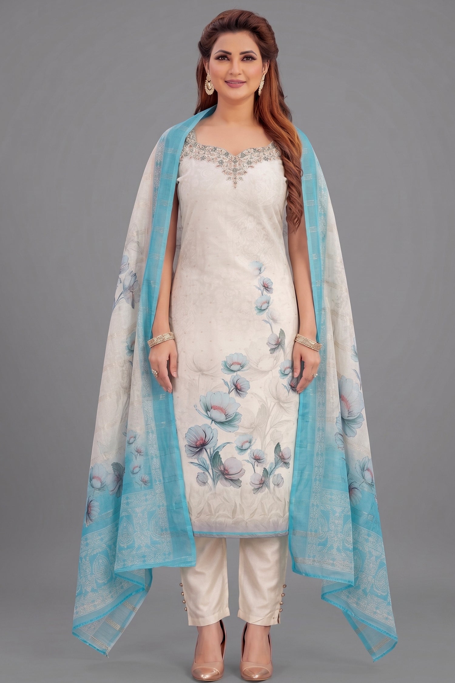 Cream and Blue Art Silk Floral Printed Straight Cut Kurti Set Main image