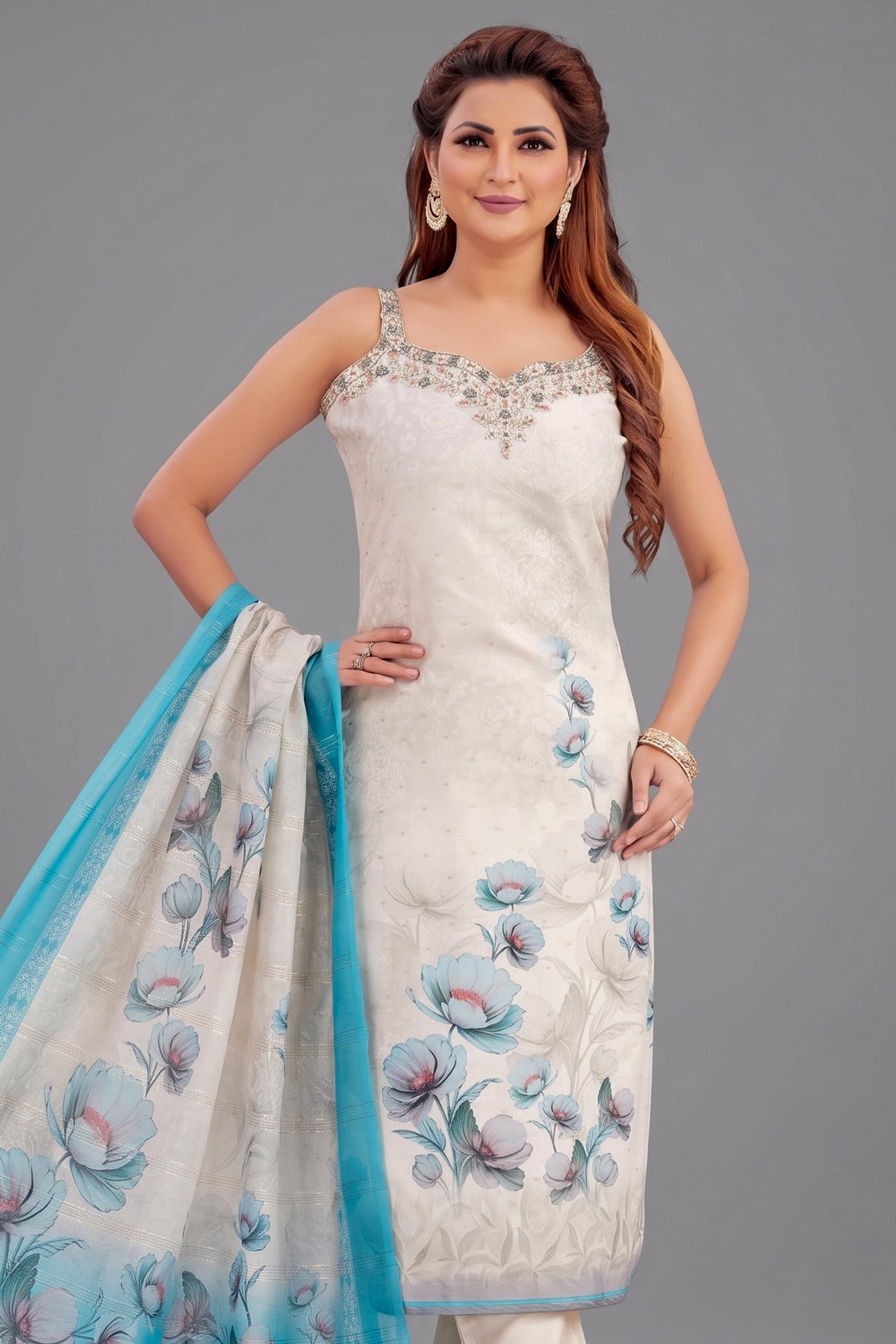 Cream and Blue Art Silk Floral Printed Straight Cut Kurti Set