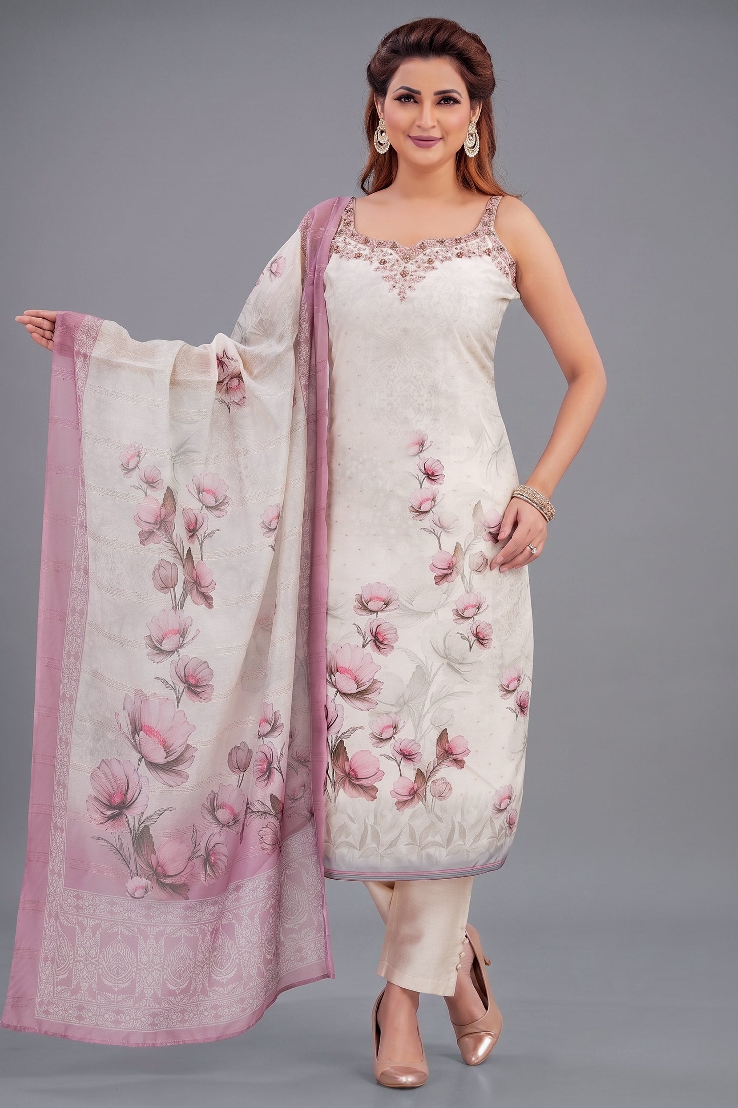 Cream and Pink Art Silk Floral Printed Straight Cut Kurti Set Main image