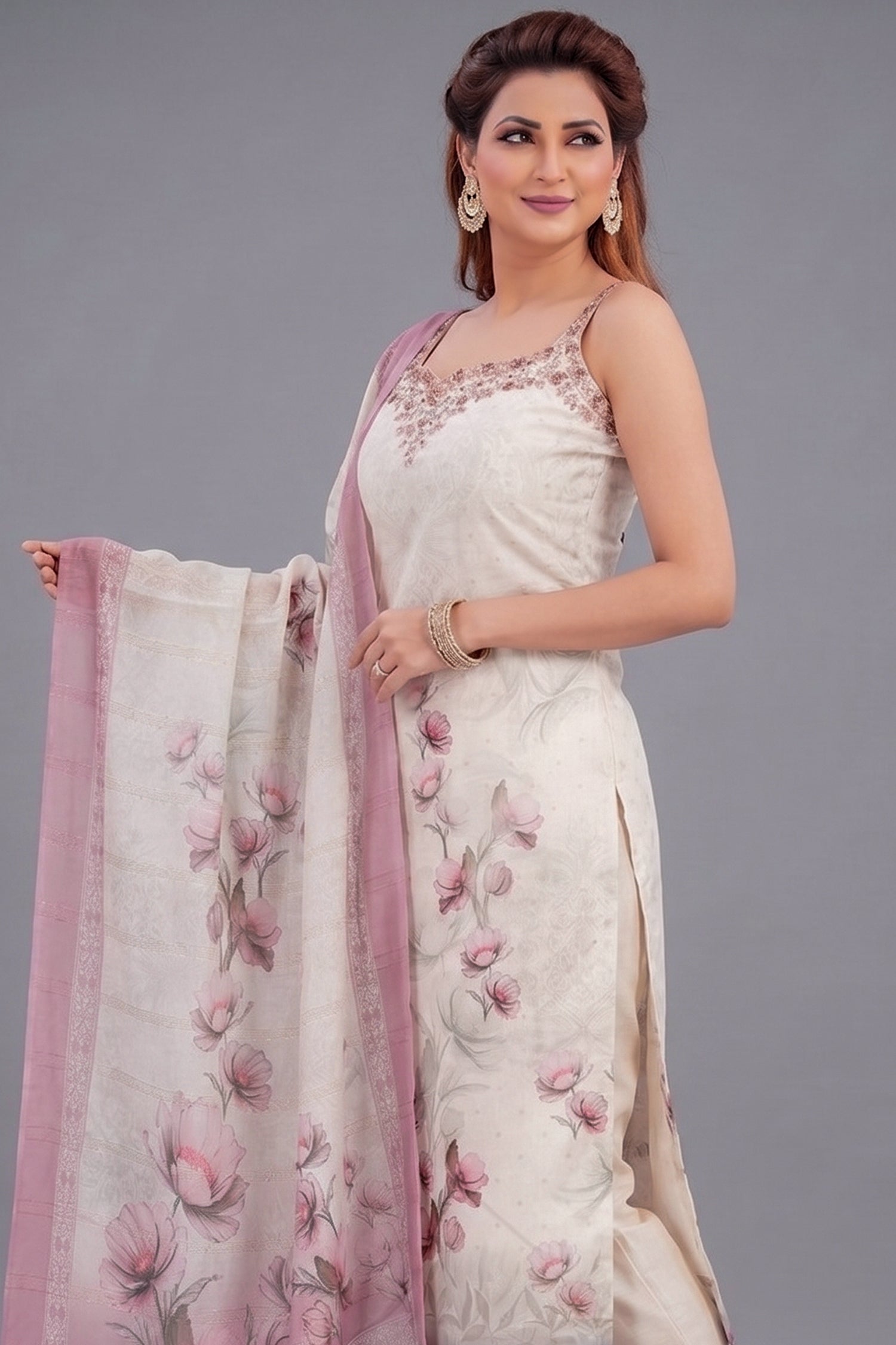 Cream and Pink Art Silk Floral Printed Straight Cut Kurti Set Secondary image