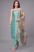 Aqua Blue Tissue Jacquard Straight Cut Kurti Set