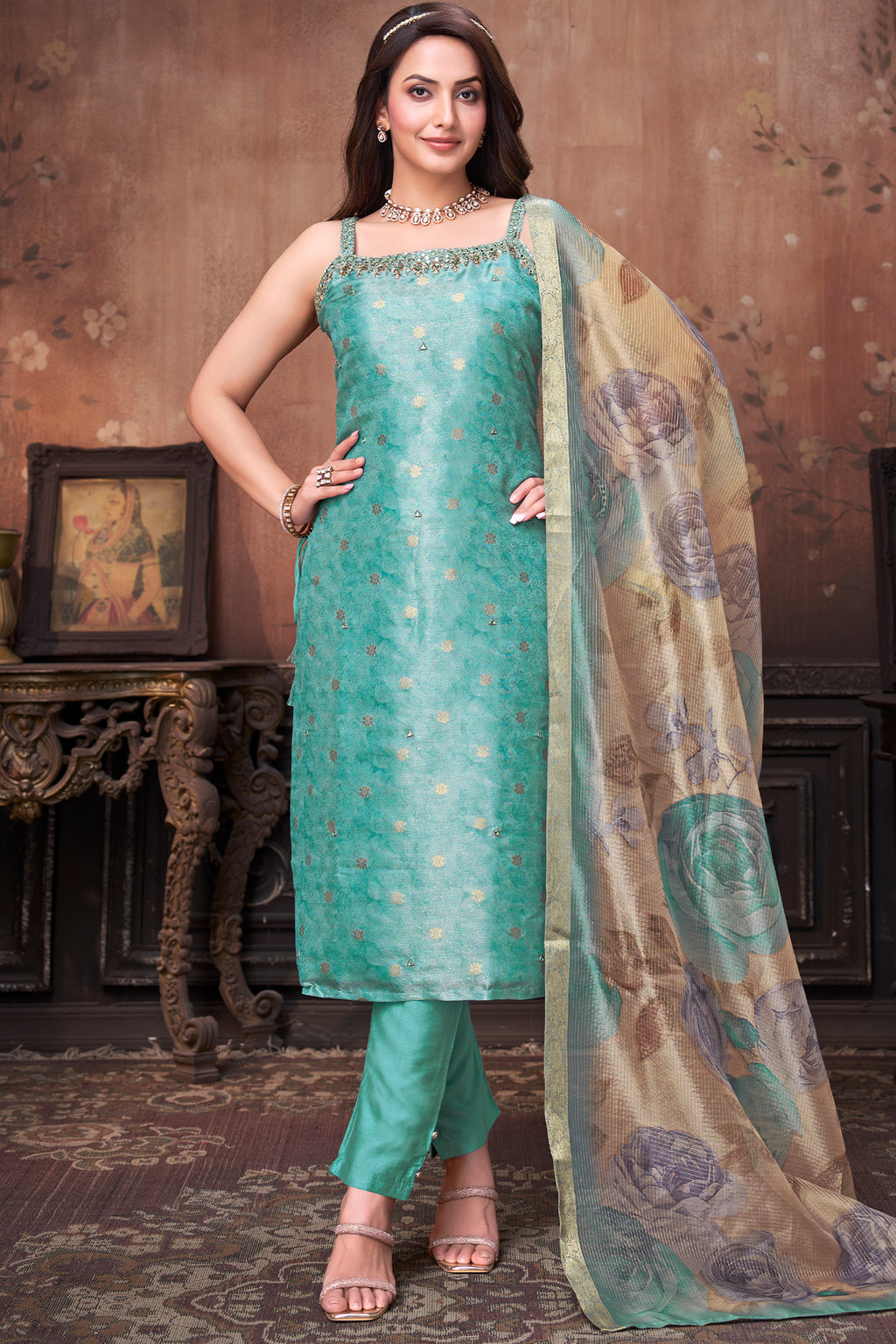 Aqua Blue Tissue Jacquard Straight Cut Kurti Set