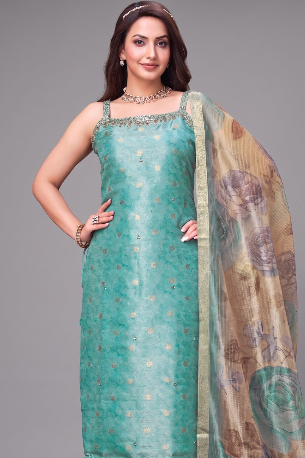 Aqua Blue Tissue Jacquard Straight Cut Kurti Set