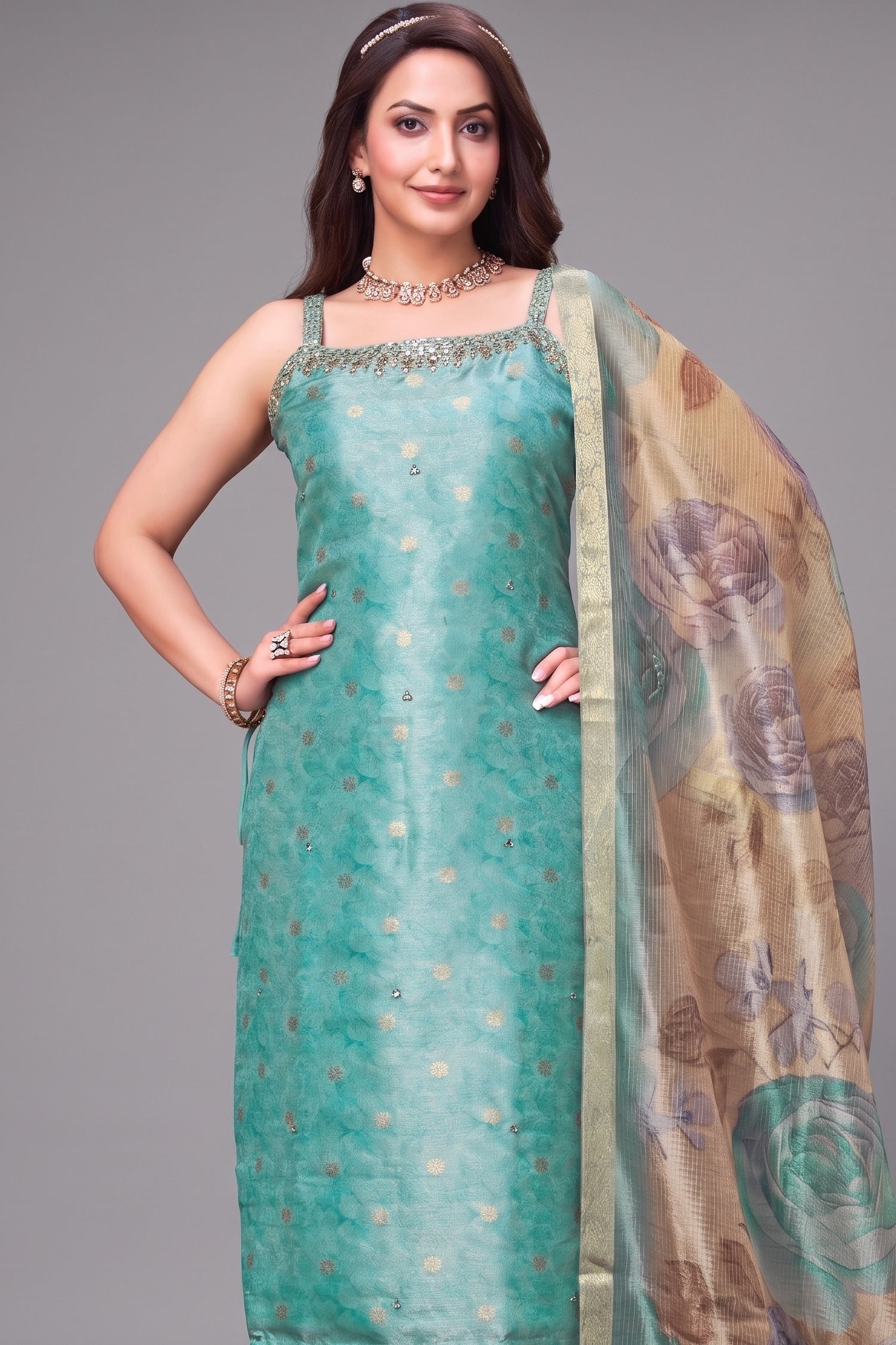 Aqua Blue Tissue Jacquard Straight Cut Kurti Set