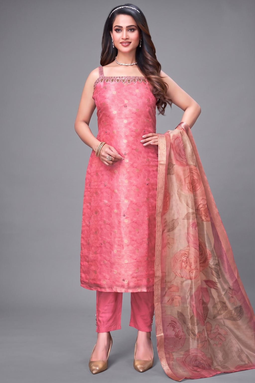 Pink Tissue Jacquard Straight Cut Kurti Set