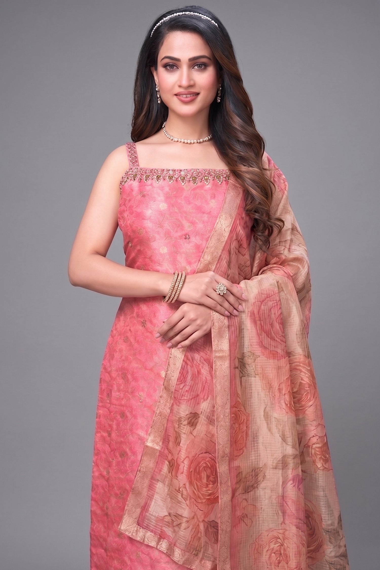 Pink Tissue Jacquard Straight Cut Kurti Set