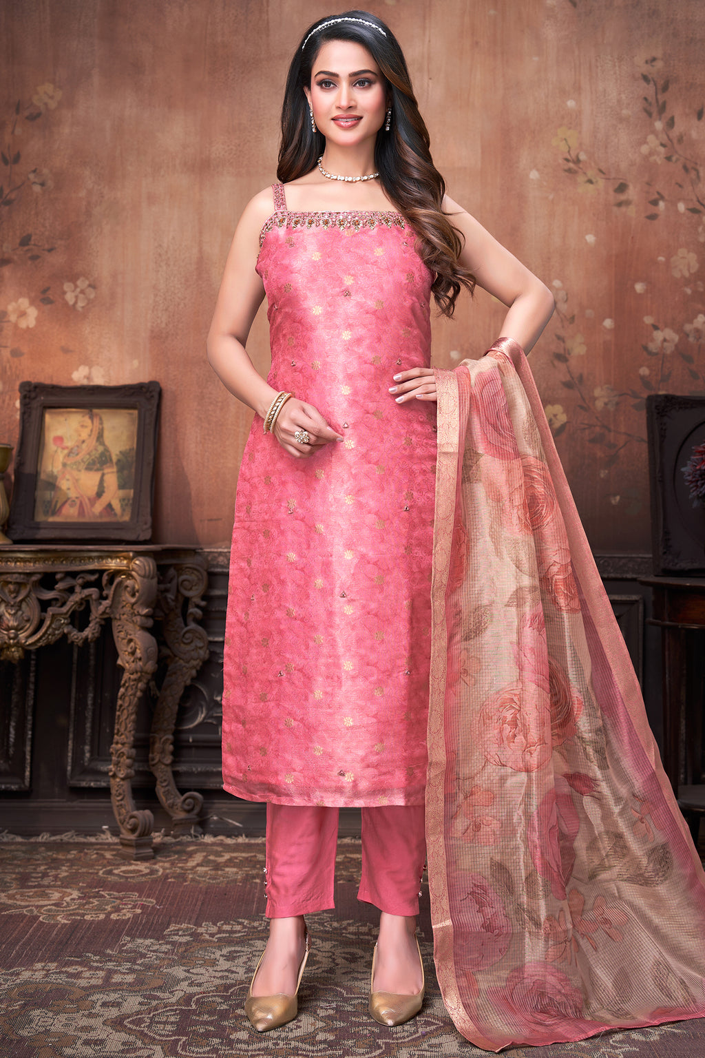 Pink Tissue Jacquard Straight Cut Kurti Set